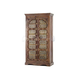 wooden carved cupboard with  metal sheet  panels and brass decorative