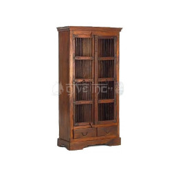 wooden bookcase with iron grill doors