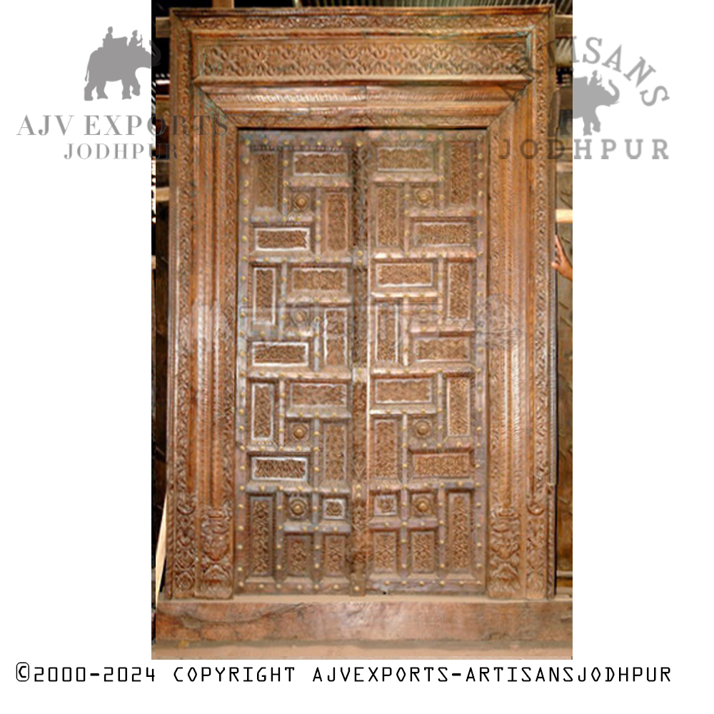 Wooden door with intricate geometric patterns