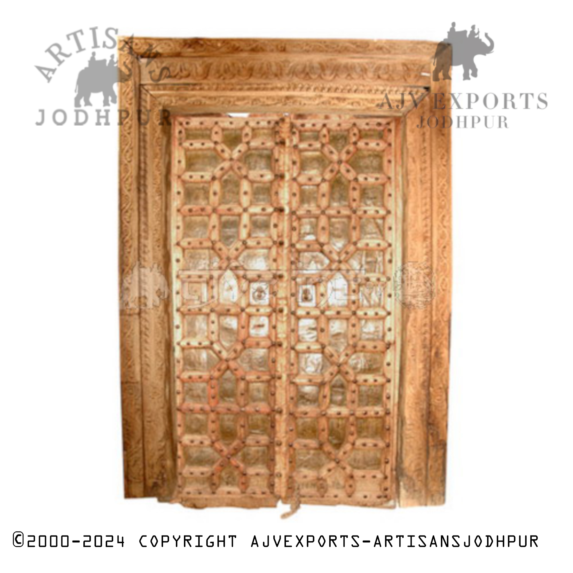 Rustic wooden door with geometric carvings