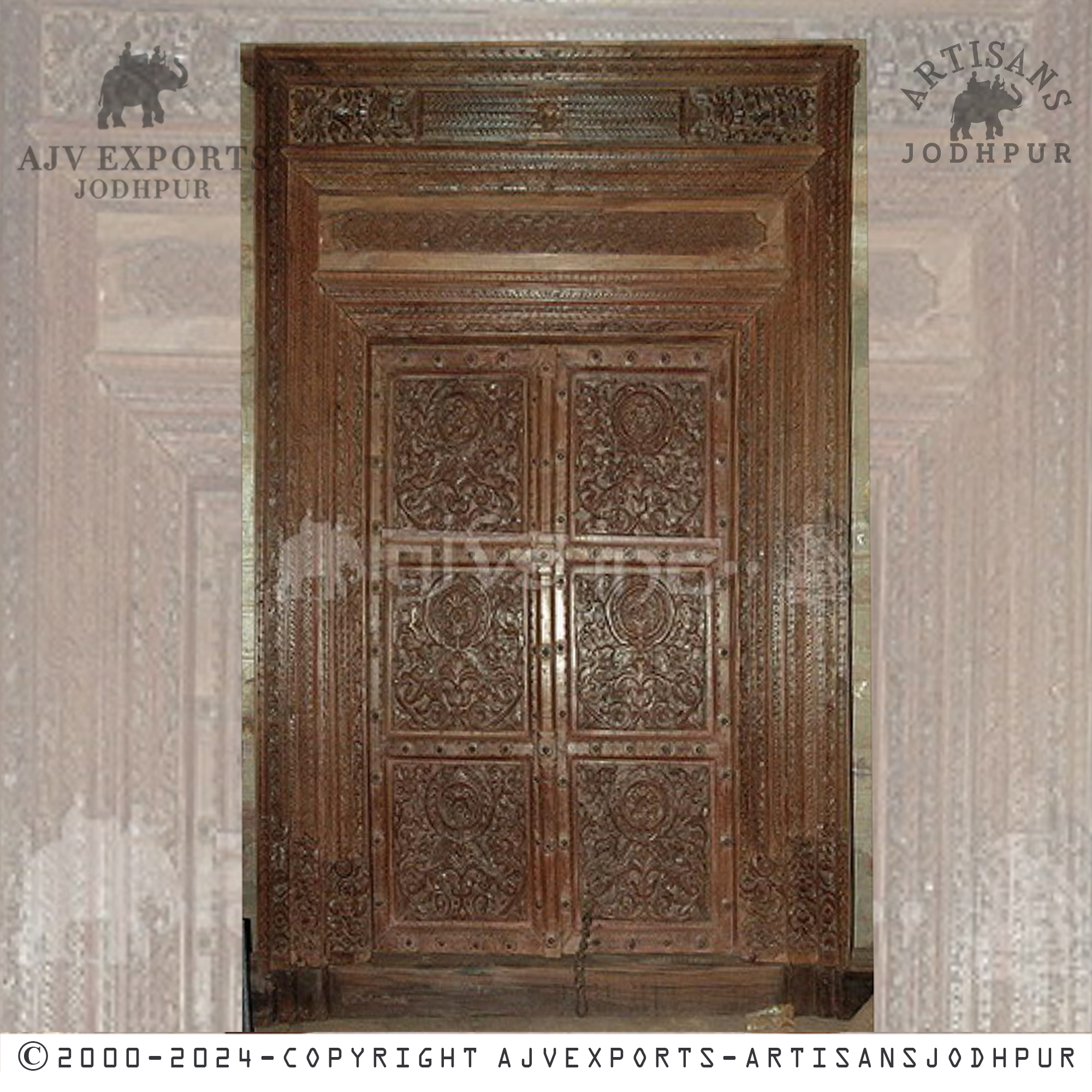 Traditional wooden door with floral carvings