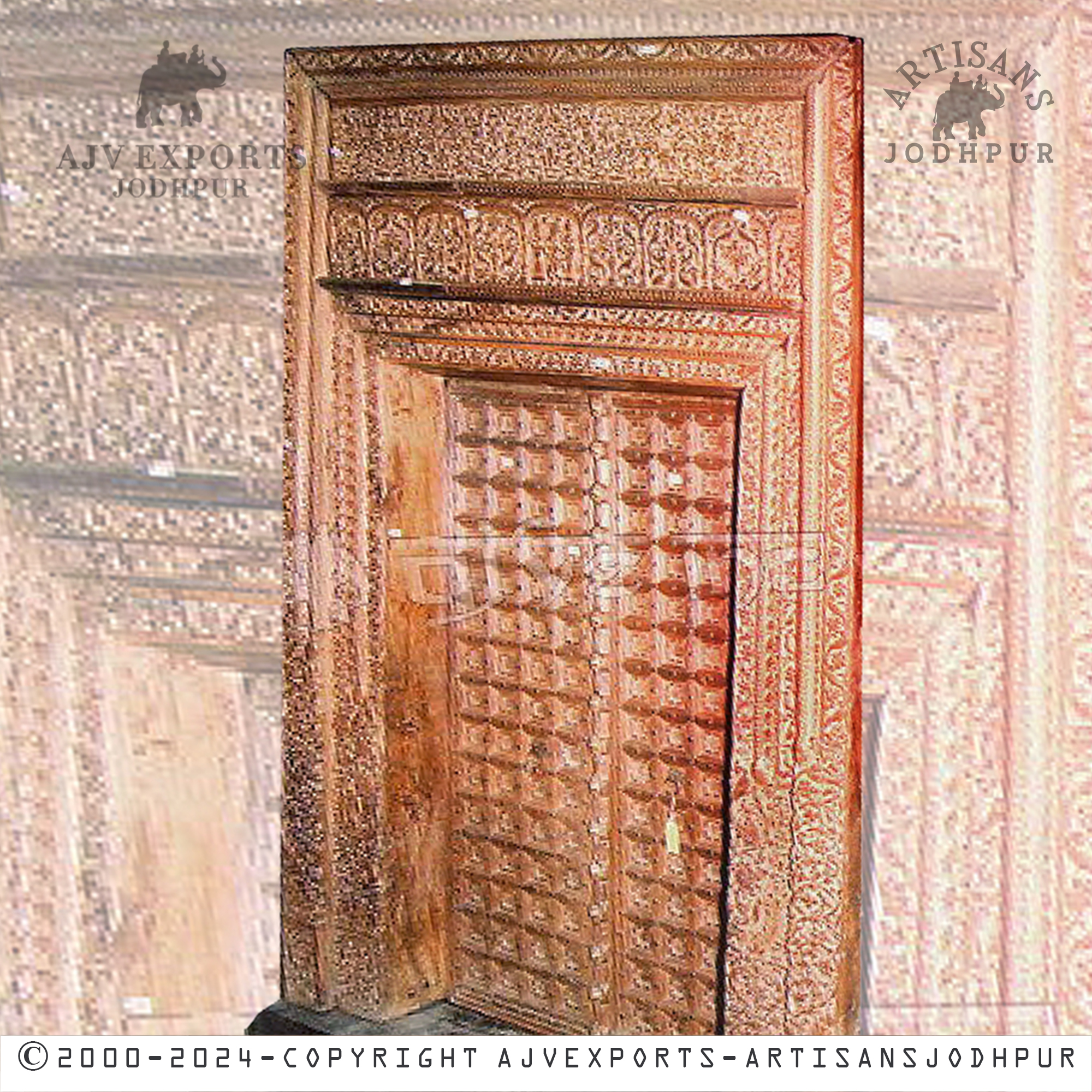 Ornate wooden door with elegant details and intricate carvings, reflecting high-quality craftsmanship and sophistication.