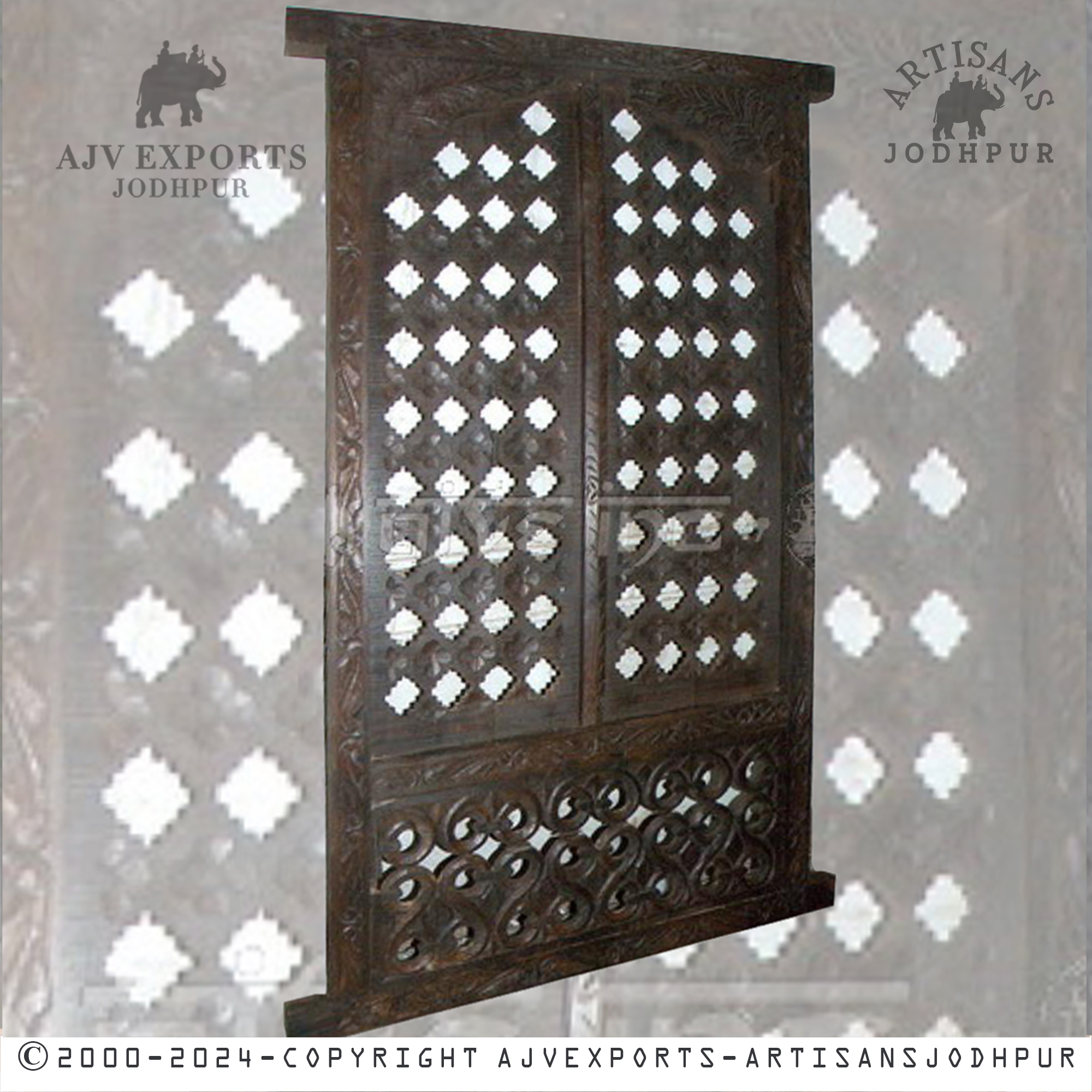 Rustic wooden window with bold carvings and a weathered finish, providing vintage charm and a historic touch.