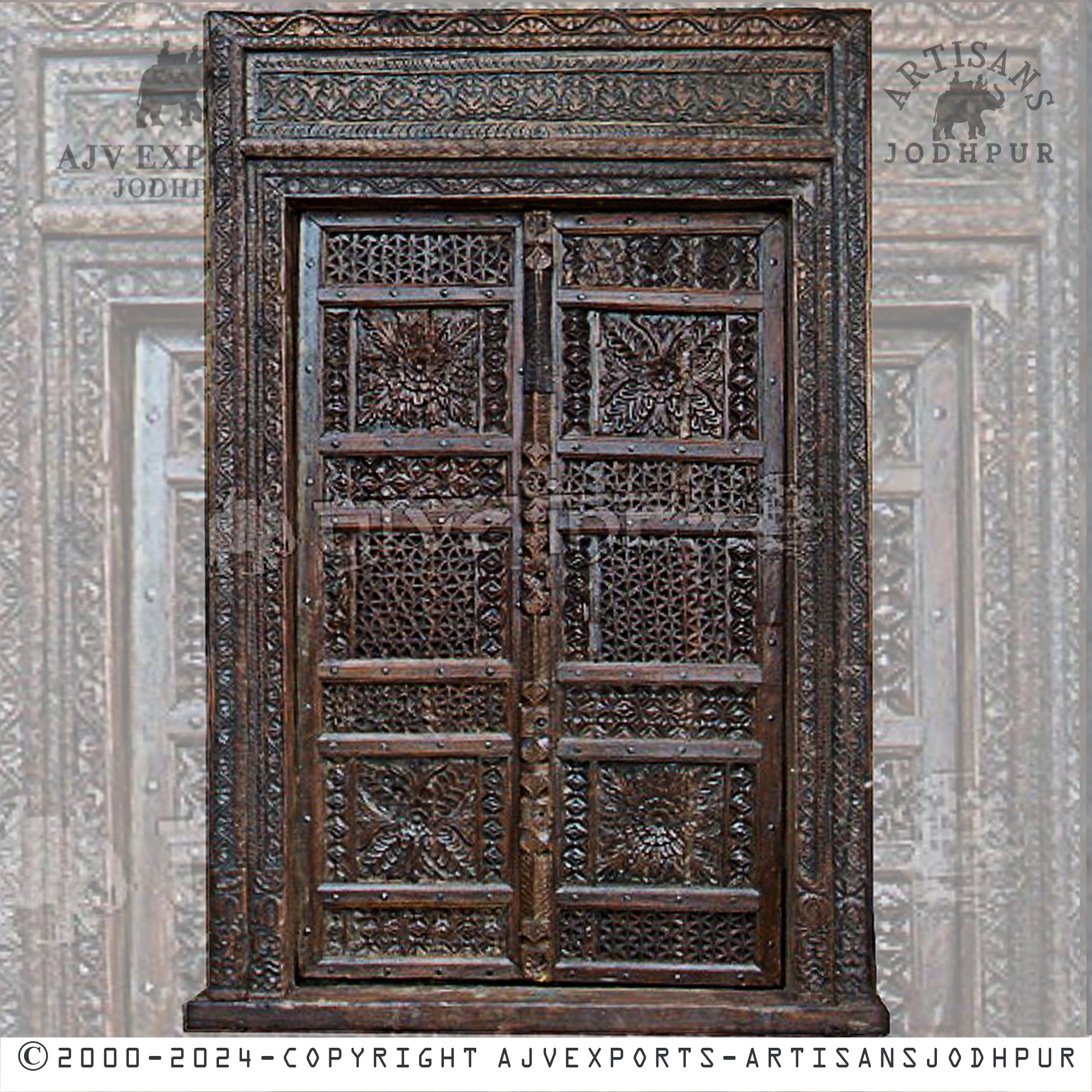 Classic wooden door with ornate details and intricate carvings, ideal for enhancing elegant or heritage-style interiors.