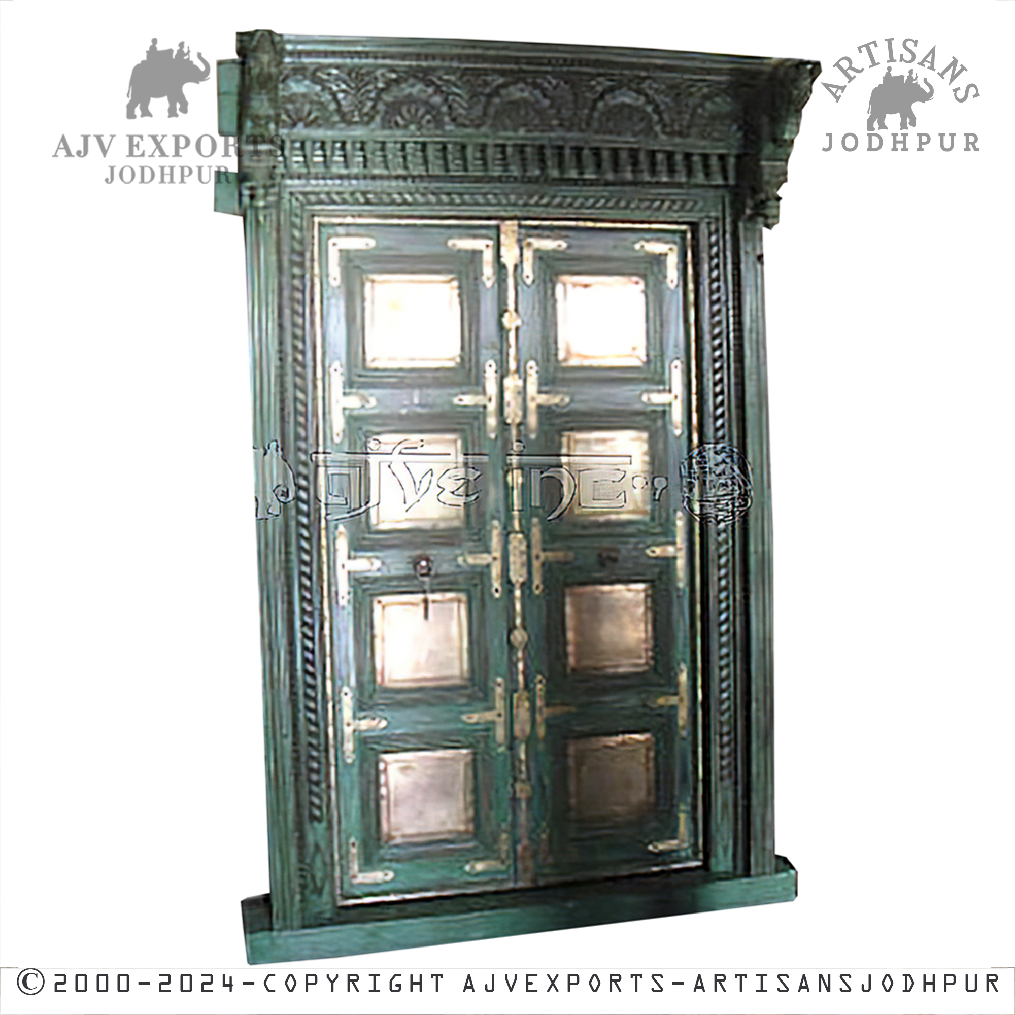 A wooden door from Jodhpur with a green patina finish and metallic panels, offering a blend of traditional and vintage aesthetics.