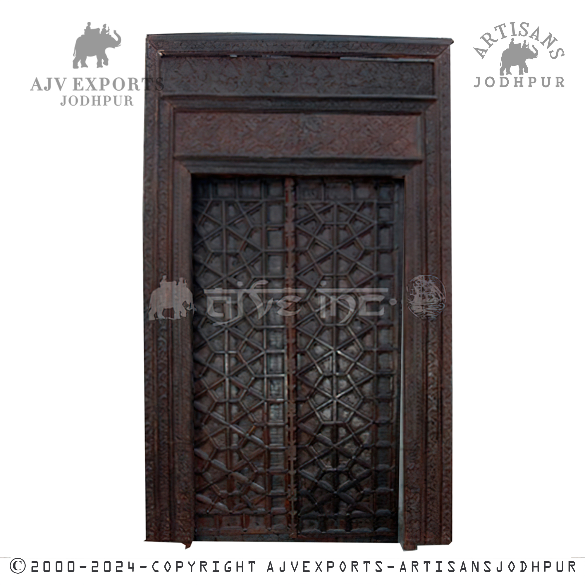 An elegant wooden door from Jodhpur with intricate carvings and a decorative metal grid, blending traditional craftsmanship.