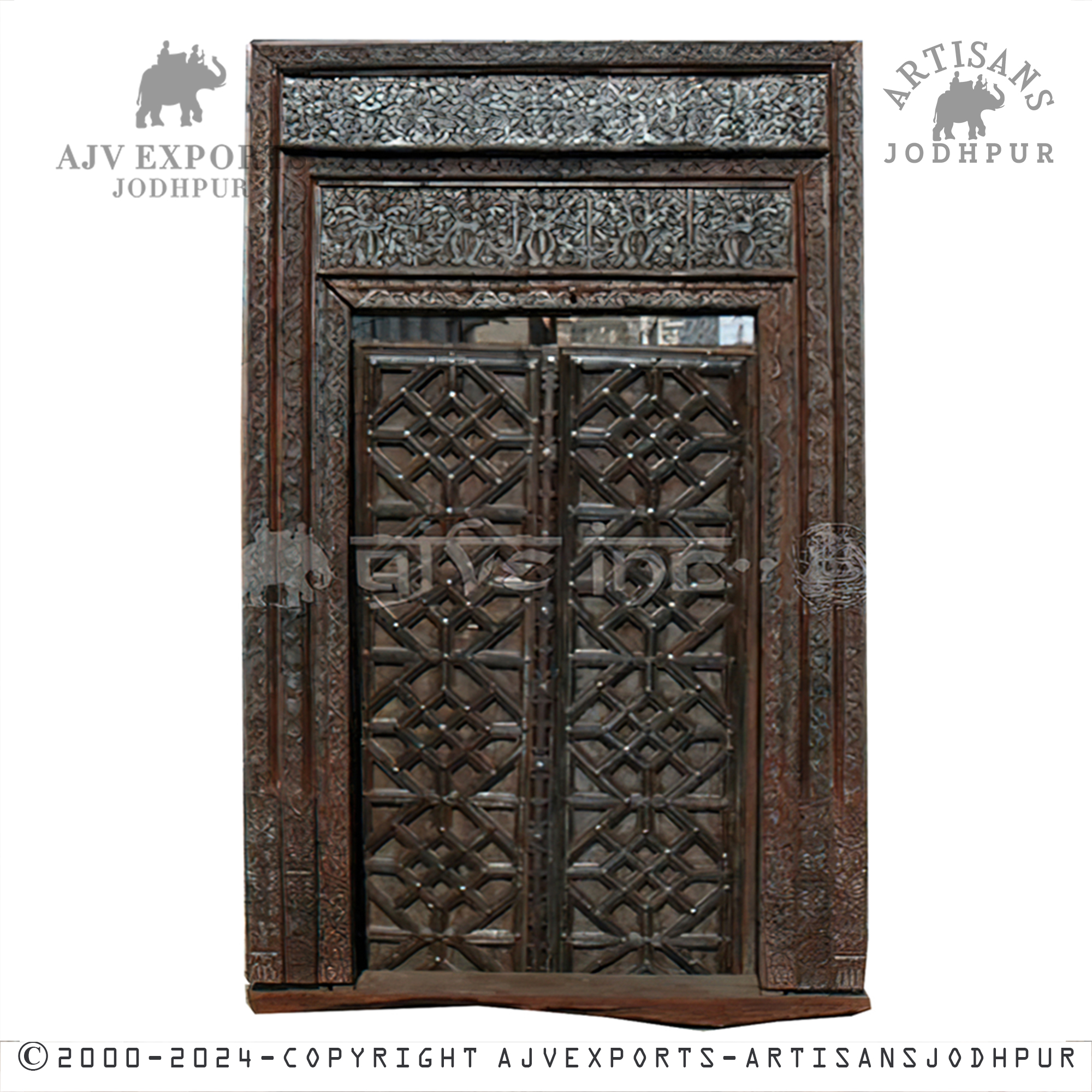 An elegantly carved wooden door with a detailed metal grid at the center, highlighting traditional Indian design.