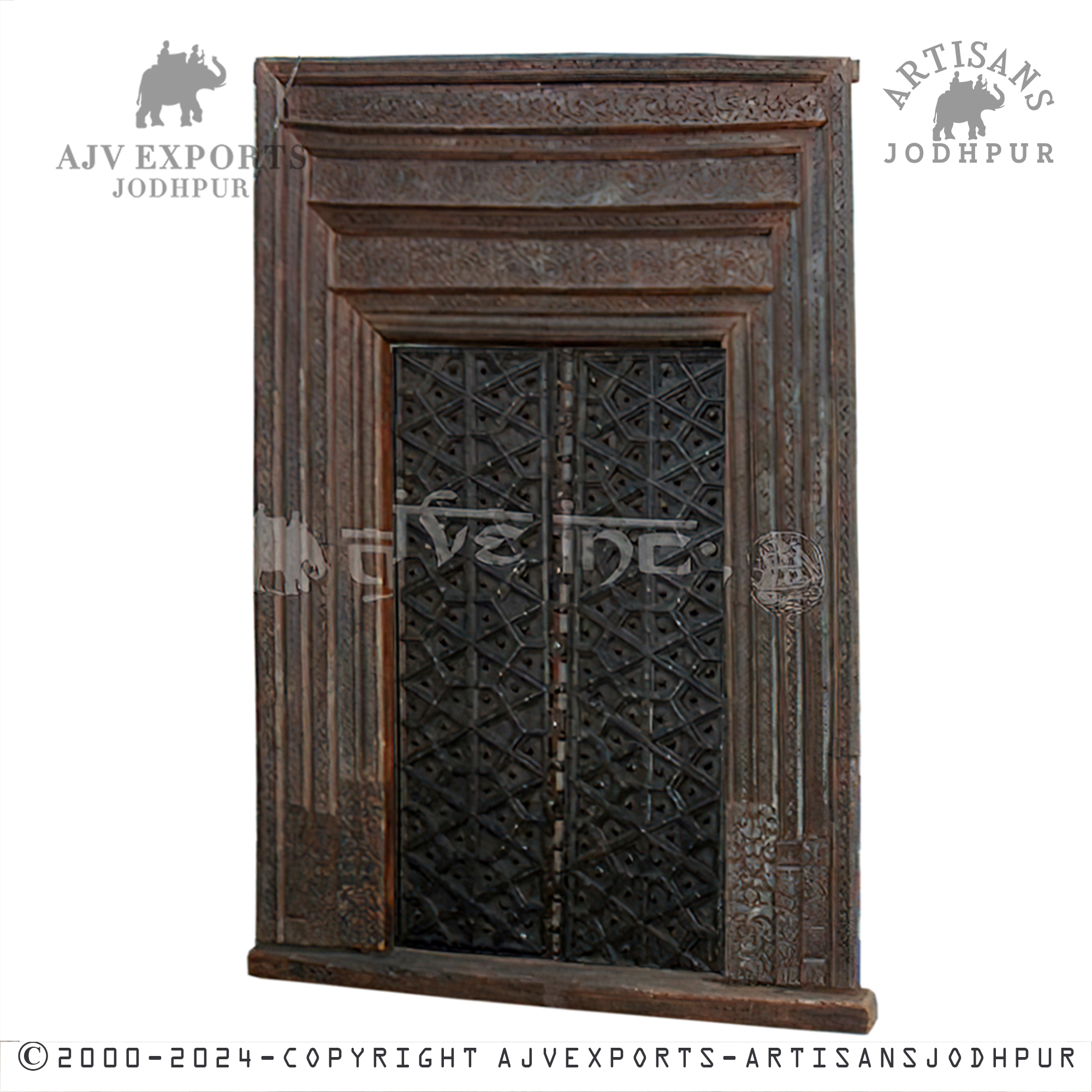 A rustic wooden door featuring multiple square panels with metal reinforcements, capturing the essence of traditional craftsmanship.