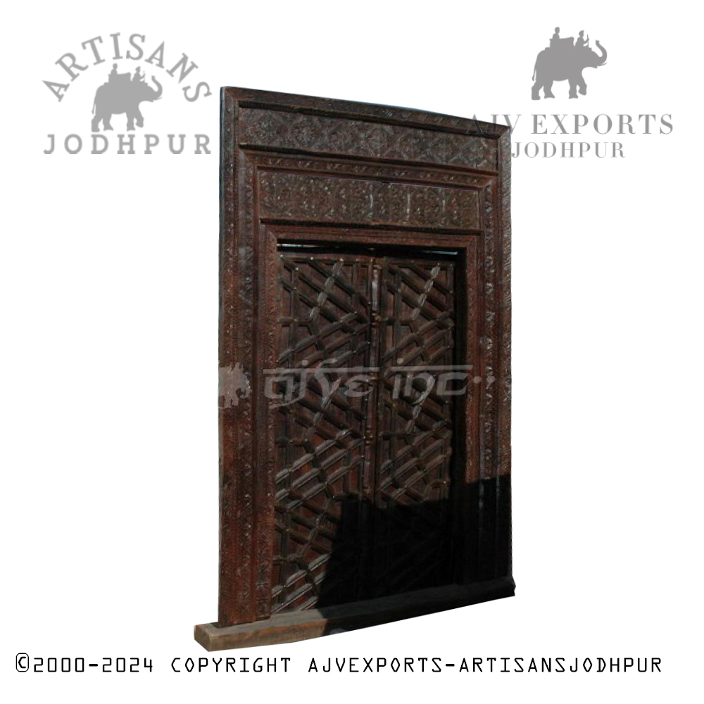 Distressed blue wooden door with a rustic finish from Artisans Jodhpur.