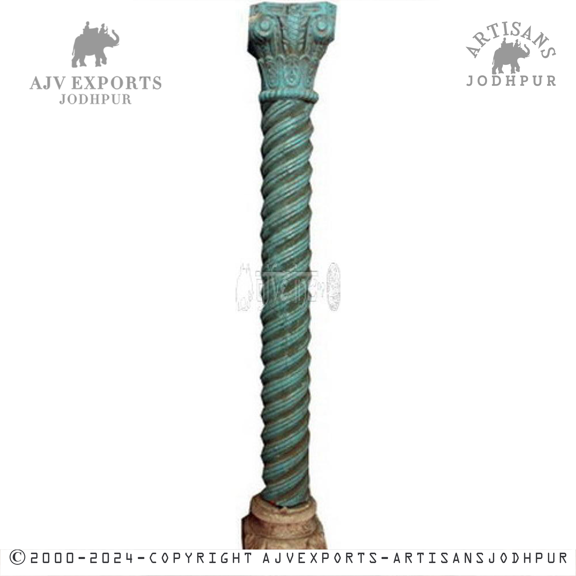 A teal-colored, intricately carved column with traditional designs and a vintage patina.