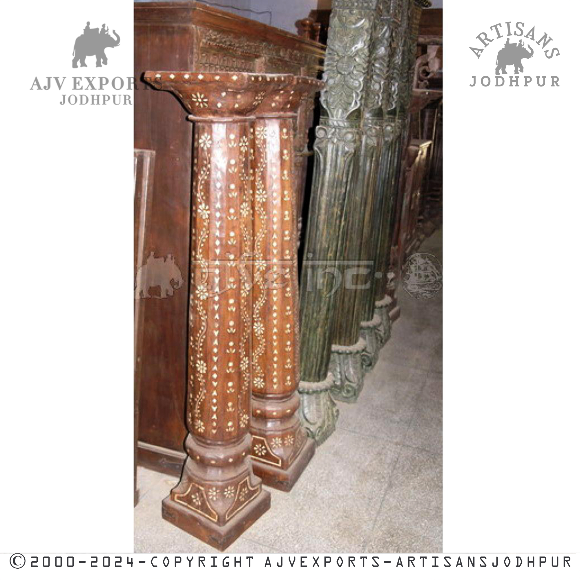 An ornate brown wooden column with intricate white floral inlay, ideal for luxurious interiors.