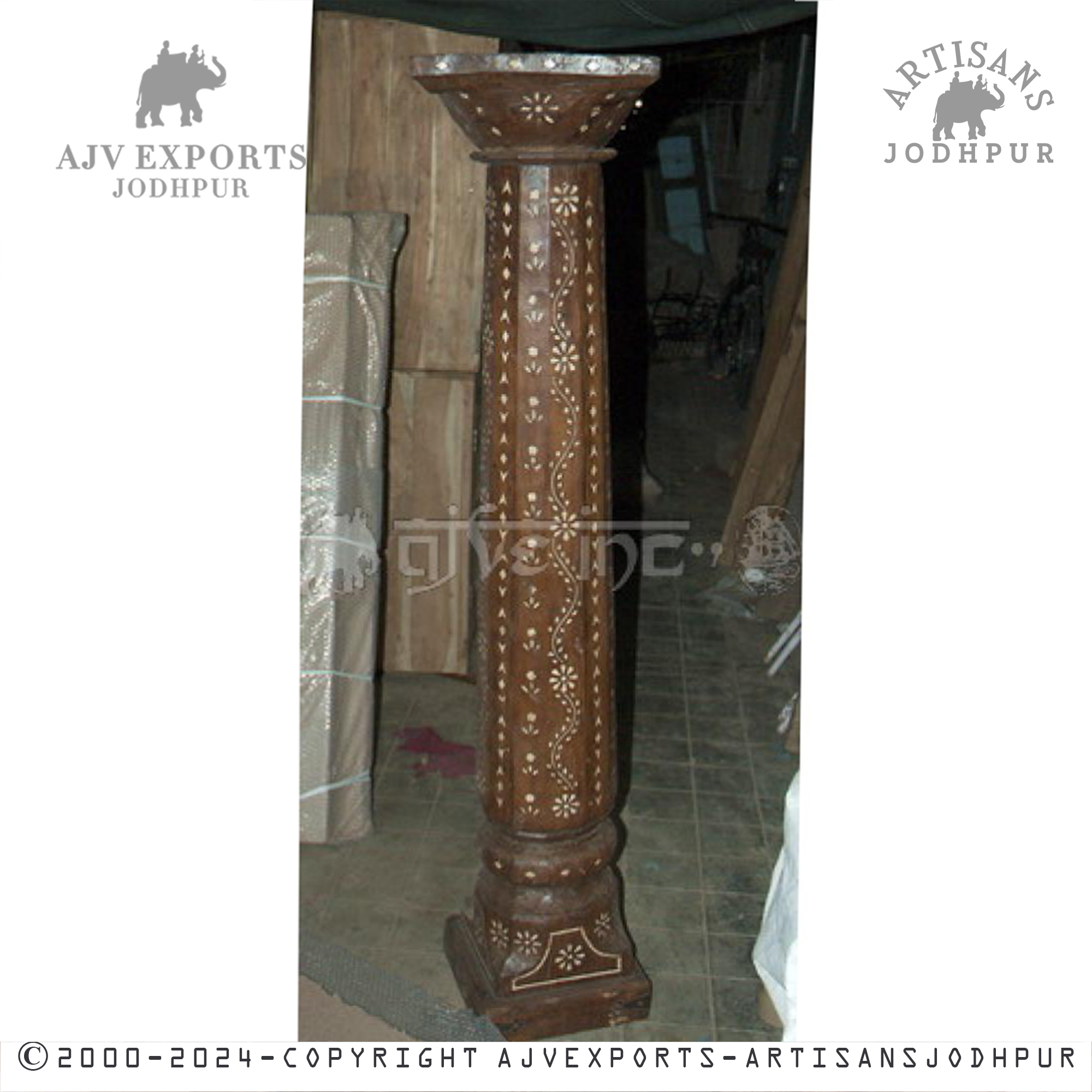 A polished wooden column with decorative engravings, versatile for various interior styles.