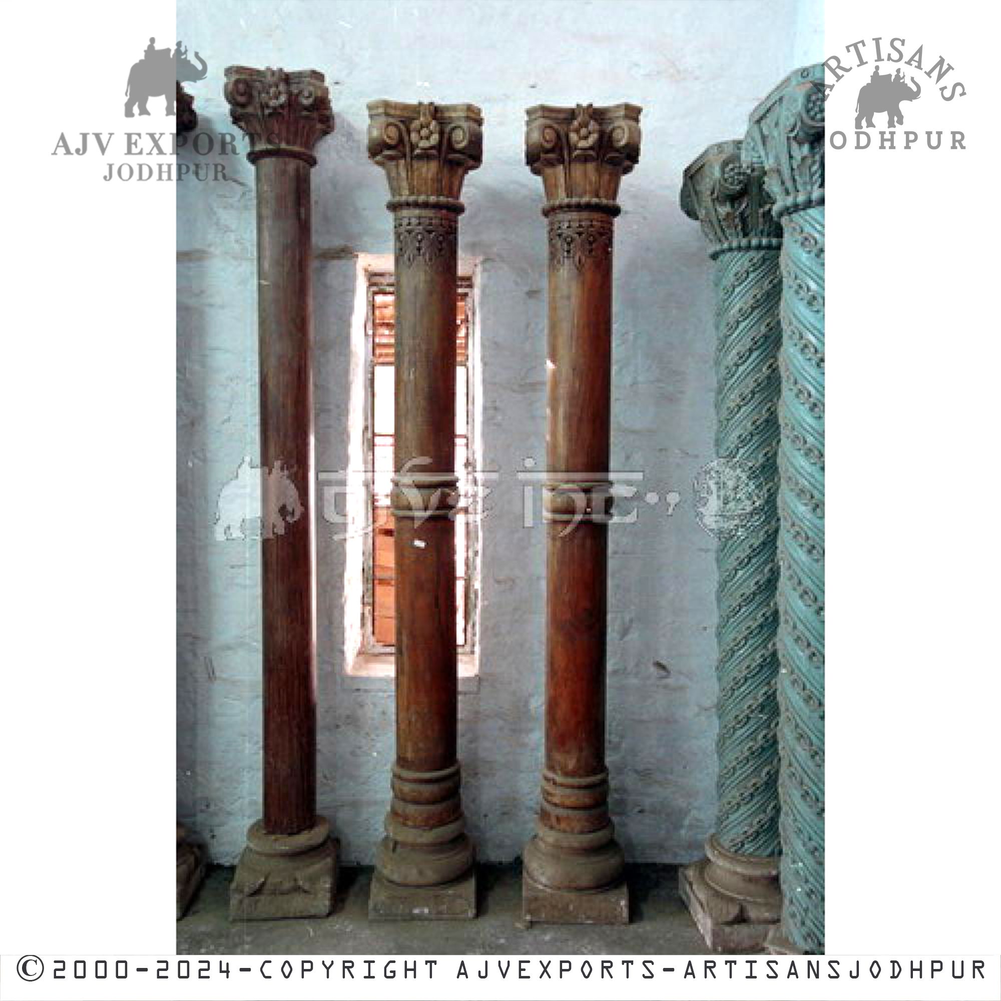 A rustic wooden column with a textured, weathered finish, suitable for vintage-themed spaces.