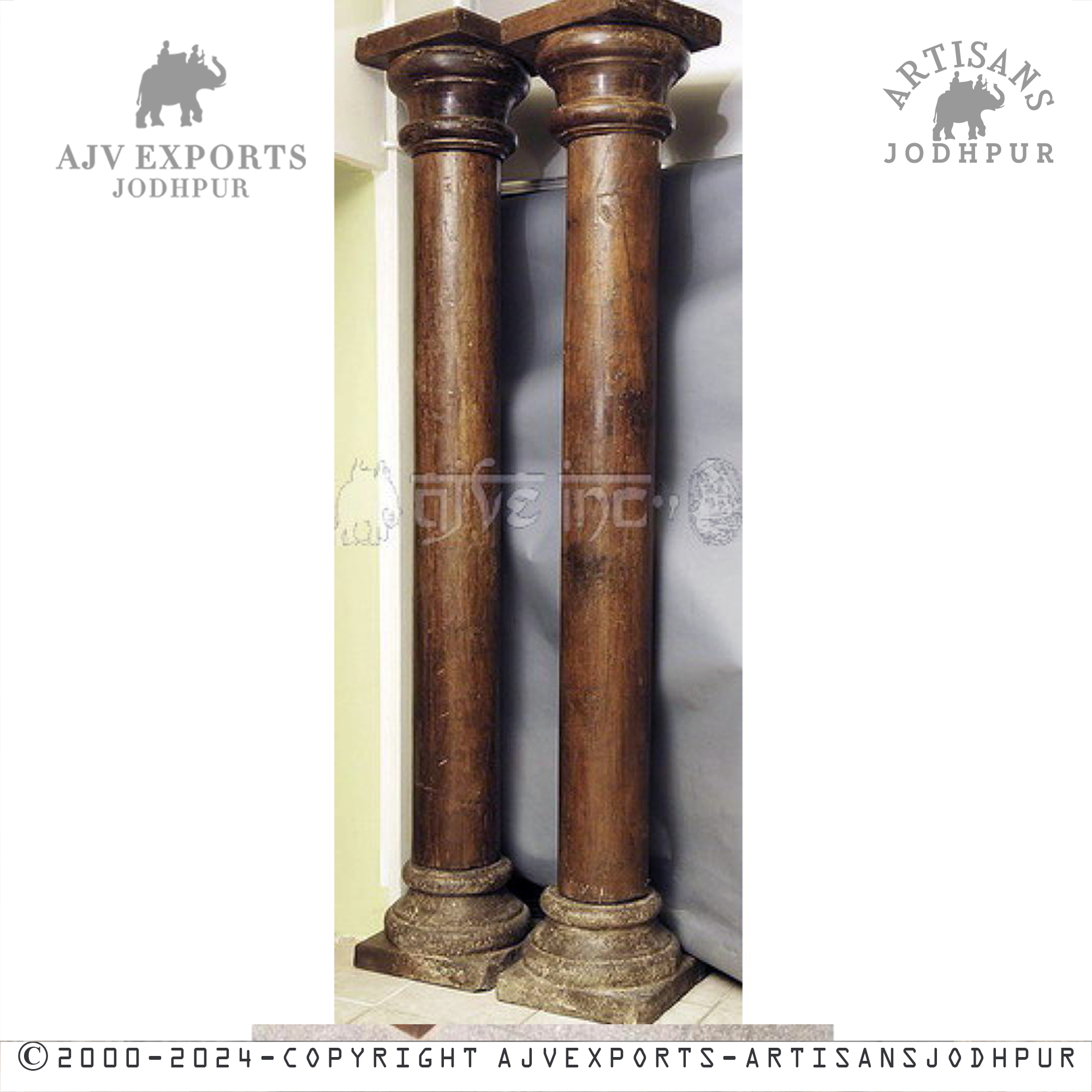 A pair of polished, traditional indian wooden columns with a classic design, staged against a gray background.