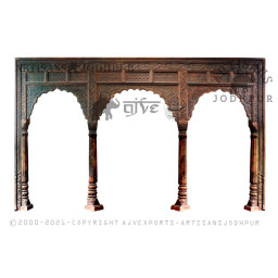 Ornate wooden archway with three columns